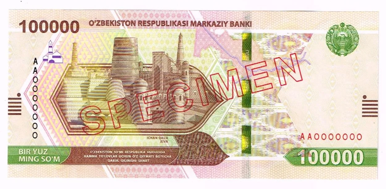 Front of the 100,000 SOM specimen featuring Ichan Qal'a, Uzbekistan 2022